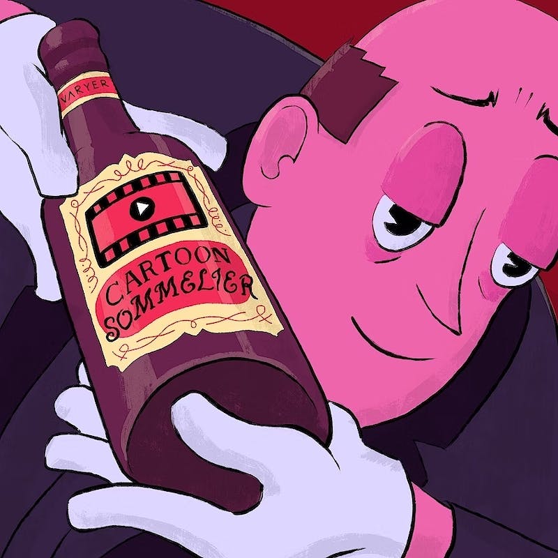 A balding man with fuchsia skin offers a bottle that reads "Cartoon Sommelier."